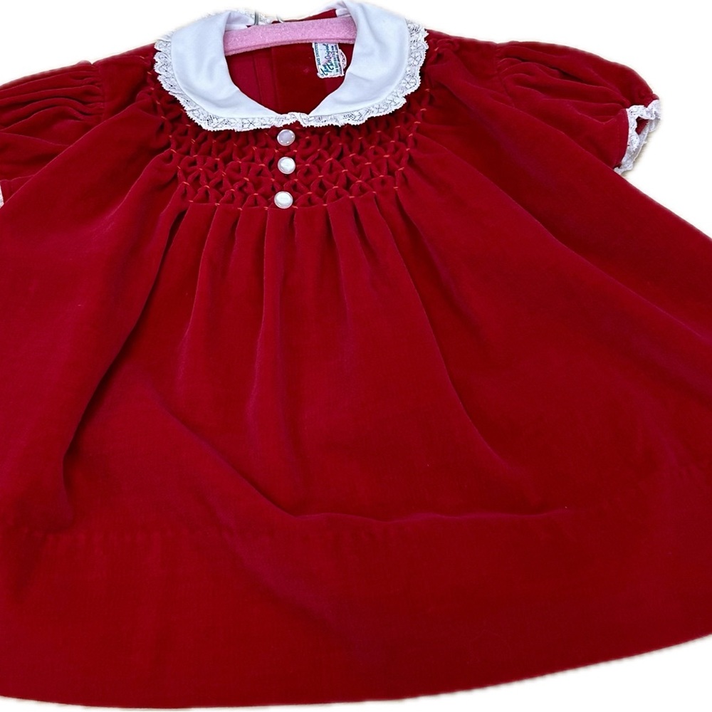 Vintage 1950s–60s Tiny Tots Red Velvet Hand Smocked Dress Hong Kong 12M